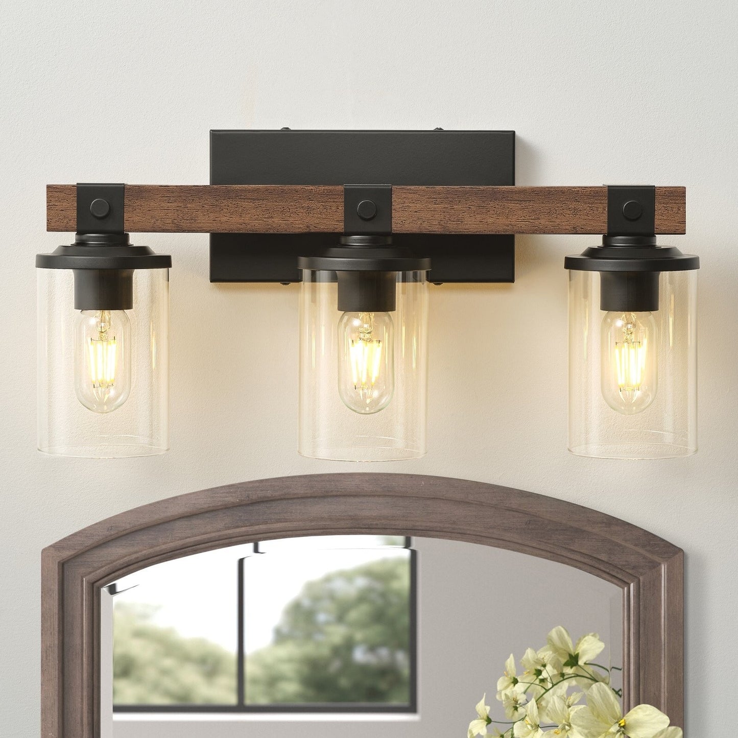 Applique murale de salle de bain Starsky 2/3/4 lumières, style ferme moderne, à intensité variable, en verre avec abat-jour cylindrique transparent
