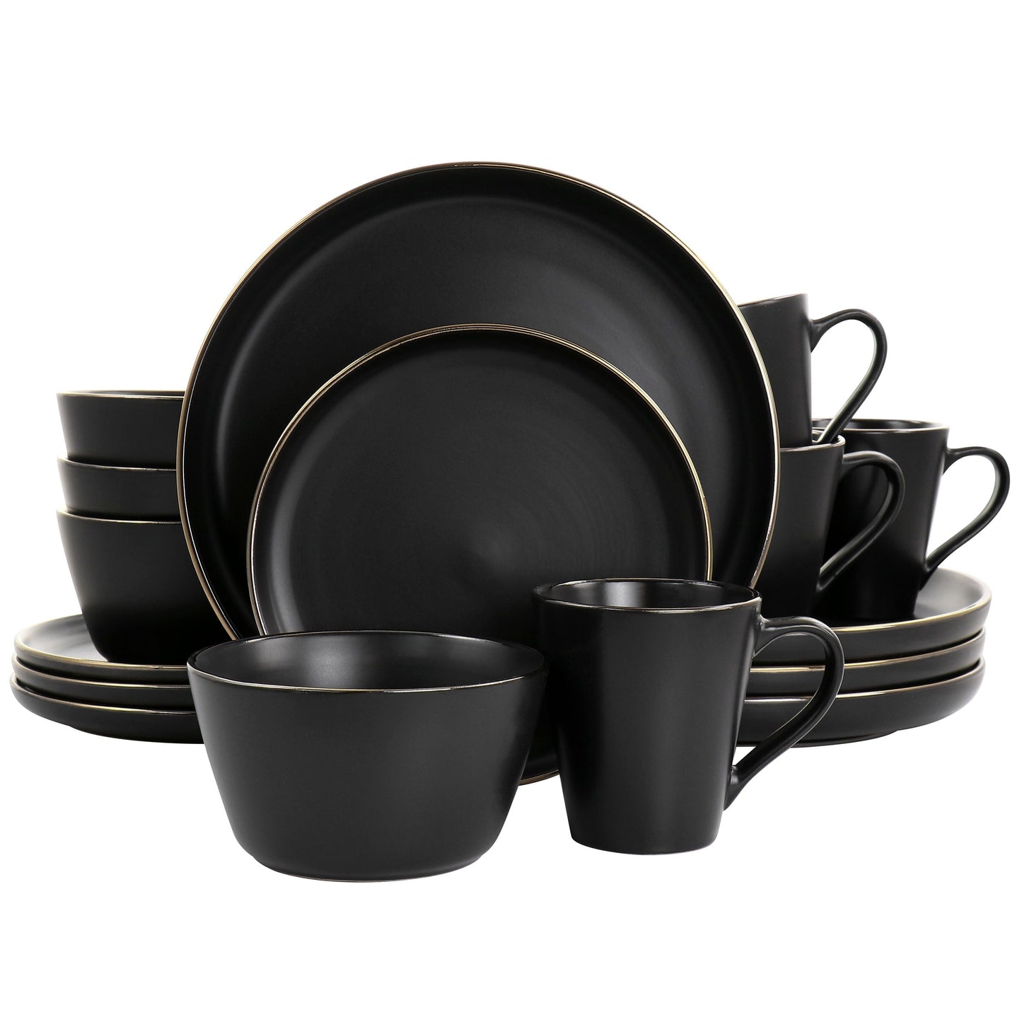 Service de table 16 pièces en grès noir avec bordure dorée