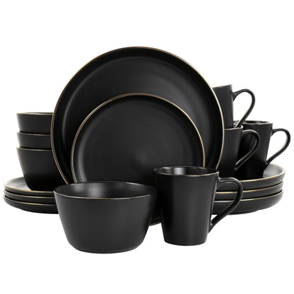 Service de table 16 pièces en grès noir avec bordure dorée