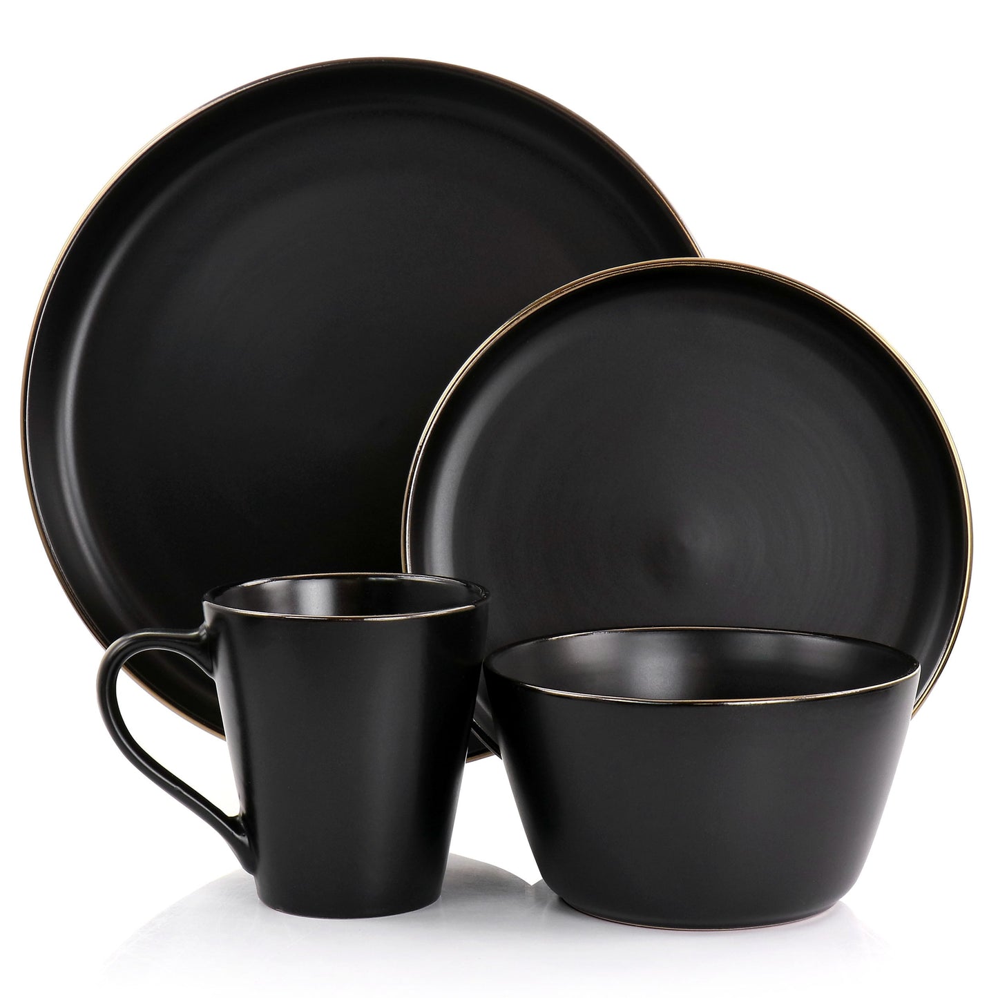 Service de table 16 pièces en grès noir avec bordure dorée