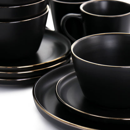 Service de table 16 pièces en grès noir avec bordure dorée