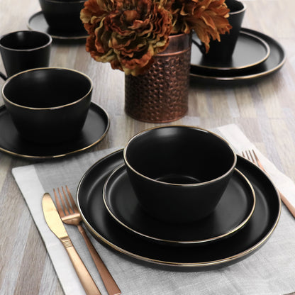 Service de table 16 pièces en grès noir avec bordure dorée