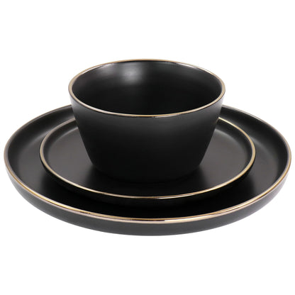 Service de table 16 pièces en grès noir avec bordure dorée
