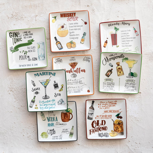 Ensemble d'assiettes en grès avec motif de recettes de cocktails - 6,0 L x 6,0 l x 0,5 H