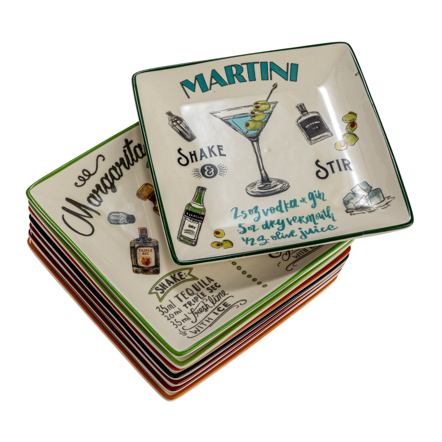 Ensemble d'assiettes en grès avec motif de recettes de cocktails - 6,0 L x 6,0 l x 0,5 H