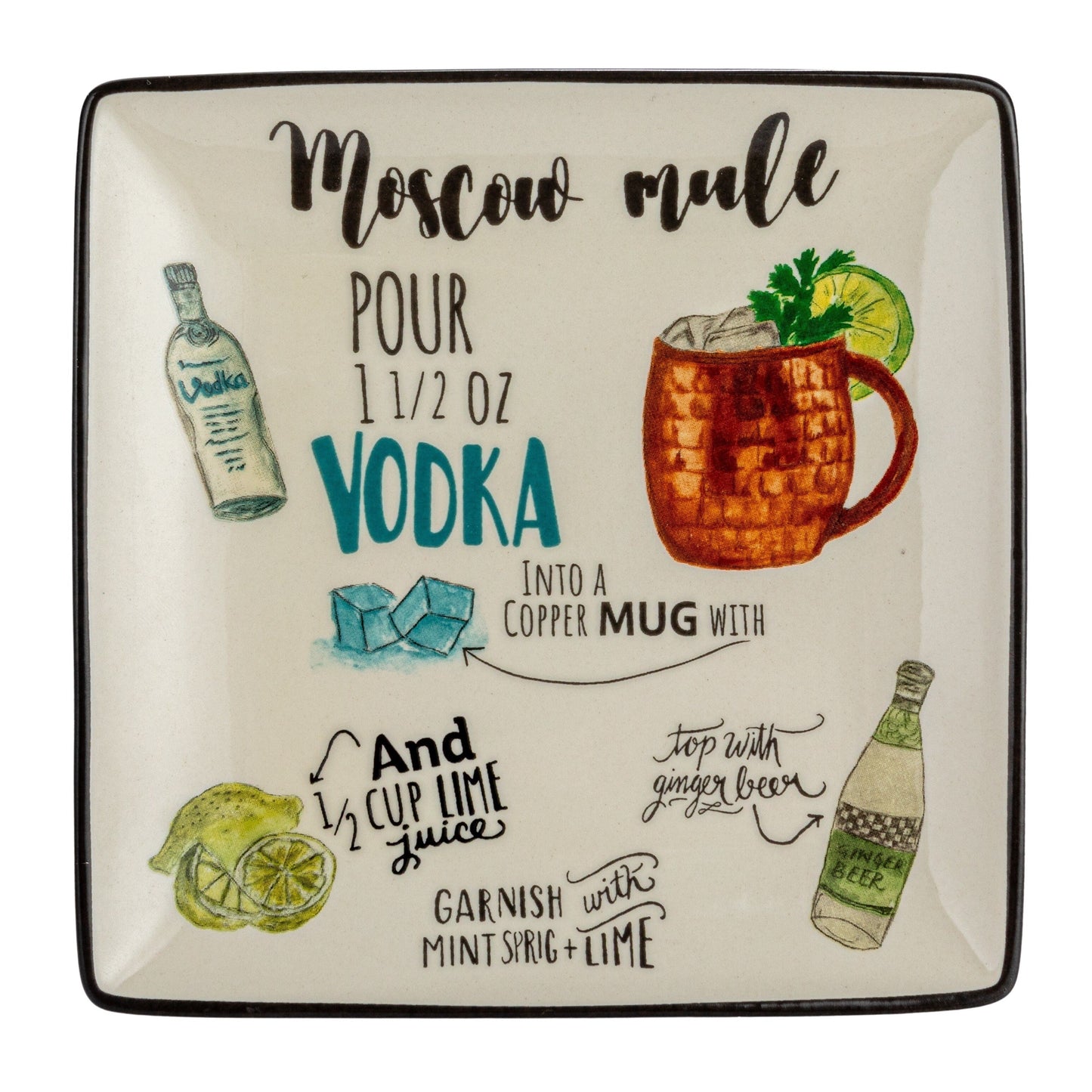 Ensemble d'assiettes en grès avec motif de recettes de cocktails - 6,0 L x 6,0 l x 0,5 H