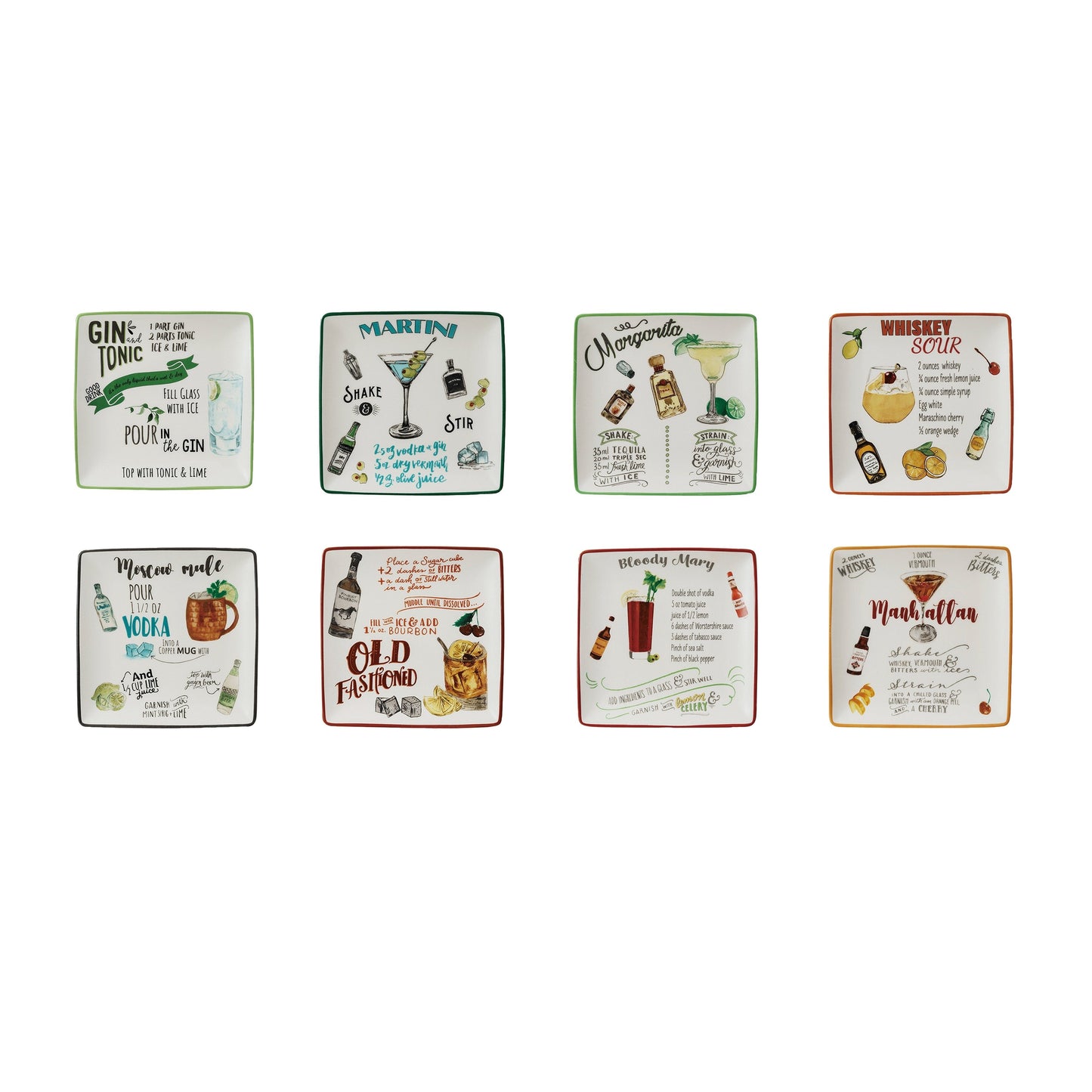 Ensemble d'assiettes en grès avec motif de recettes de cocktails - 6,0 L x 6,0 l x 0,5 H