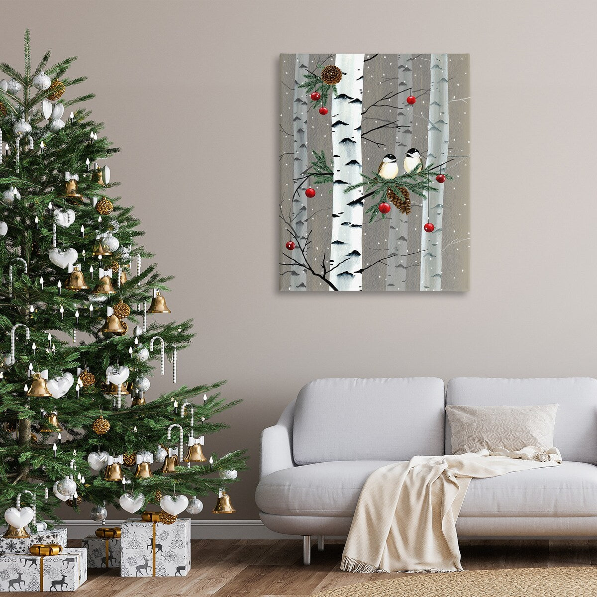 Toile murale Stupell avec oiseaux et décorations de Noël et forêt de bouleaux