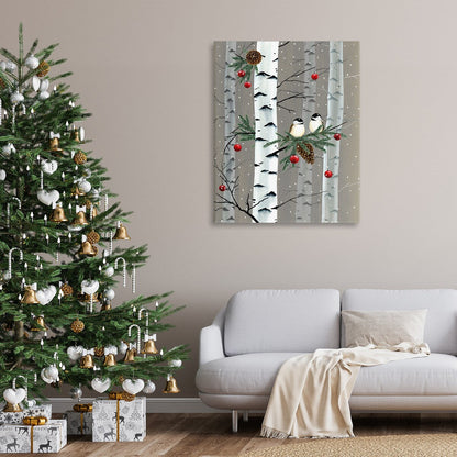 Toile murale Stupell avec oiseaux et décorations de Noël et forêt de bouleaux
