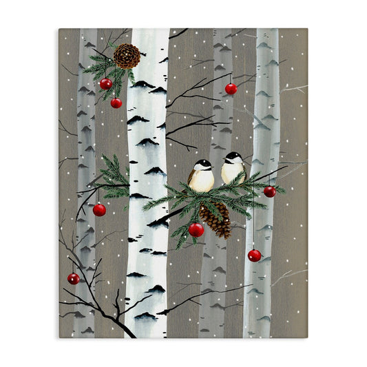 Toile murale Stupell avec oiseaux et décorations de Noël et forêt de bouleaux