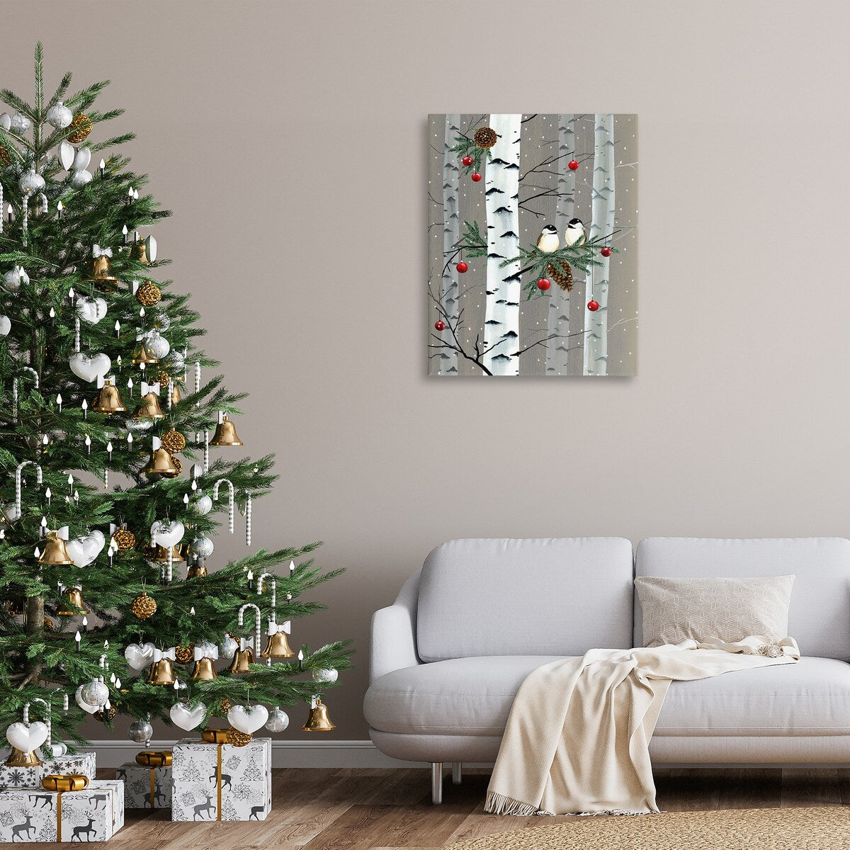 Toile murale Stupell avec oiseaux et décorations de Noël et forêt de bouleaux