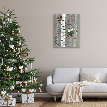 Toile murale Stupell avec oiseaux et décorations de Noël et forêt de bouleaux