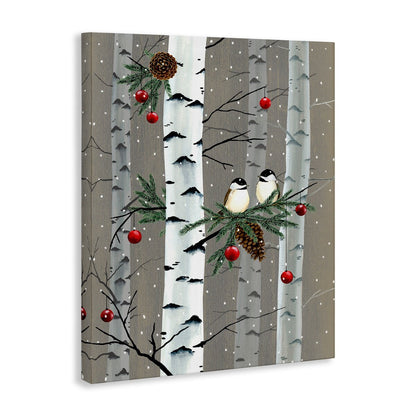 Toile murale Stupell avec oiseaux et décorations de Noël et forêt de bouleaux