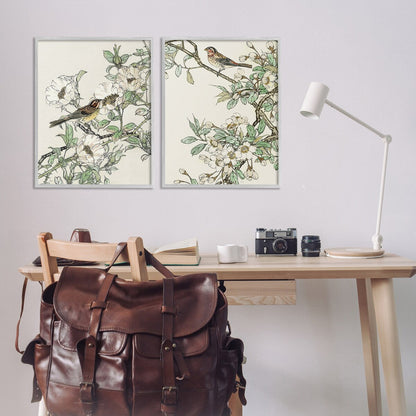 Ensemble d'art giclée encadré Stupell Classic Moineau sur fleurs, 2 pièces, conçu par Nan