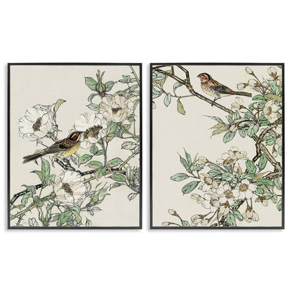 Ensemble d'art giclée encadré Stupell Classic Moineau sur fleurs, 2 pièces, conçu par Nan