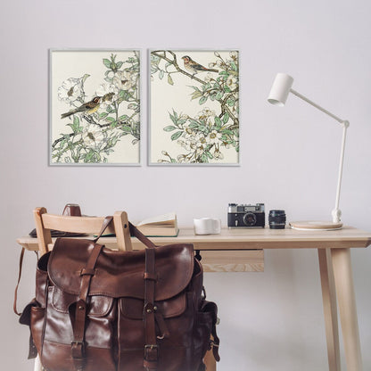 Ensemble d'art giclée encadré Stupell Classic Moineau sur fleurs, 2 pièces, conçu par Nan