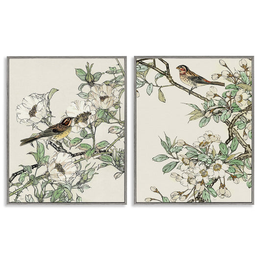Ensemble d'art giclée encadré Stupell Classic Moineau sur fleurs, 2 pièces, conçu par Nan