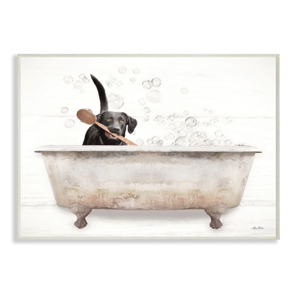 Décoration murale en bois représentant un labrador heureux dans un bain moussant rustique - Multicolore