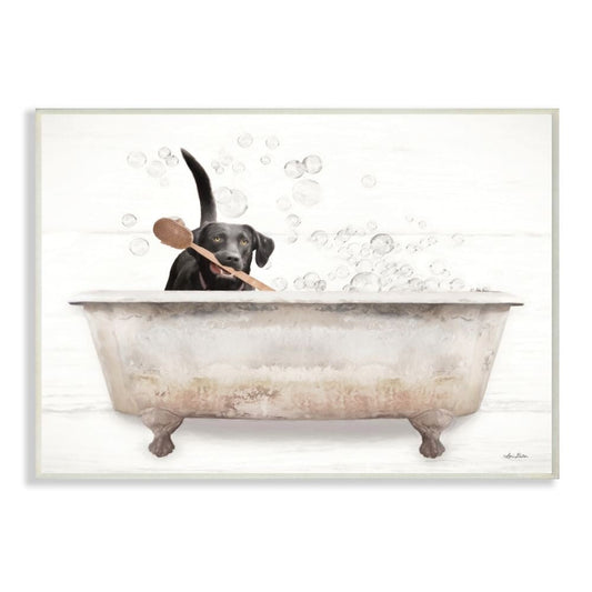 Décoration murale en bois représentant un labrador heureux dans un bain moussant rustique - Multicolore