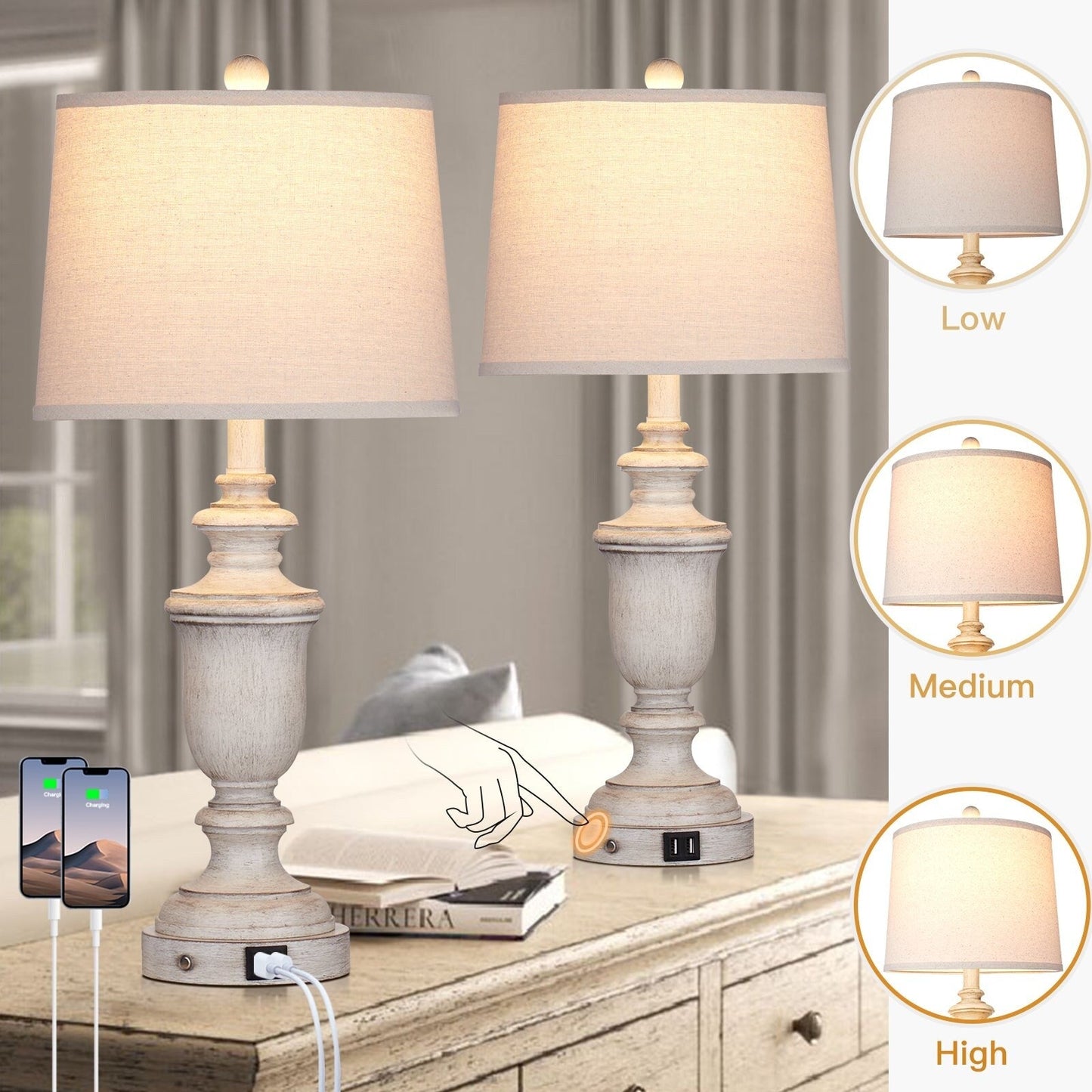 Lampes de table en résine blanche, ports de charge USB, interrupteur tactile à 3 voies (lot de 2) - 12,5'' x 12,5'' x 25,6'' (L x l x H)