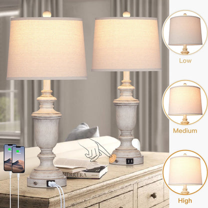 Lampes de table en résine blanche, ports de charge USB, interrupteur tactile à 3 voies (lot de 2) - 12,5'' x 12,5'' x 25,6'' (L x l x H)