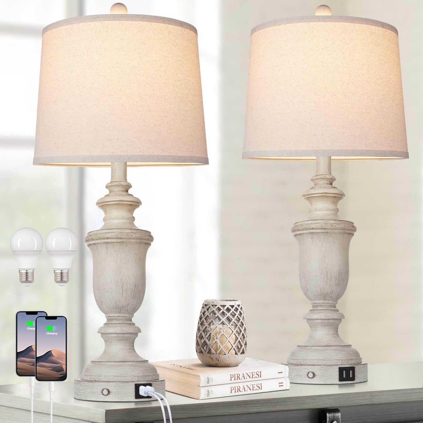 Lampes de table en résine blanche, ports de charge USB, interrupteur tactile à 3 voies (lot de 2) - 12,5'' x 12,5'' x 25,6'' (L x l x H)