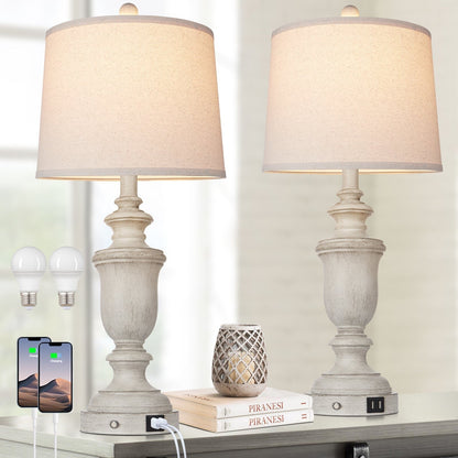 Lampes de table en résine blanche, ports de charge USB, interrupteur tactile à 3 voies (lot de 2) - 12,5'' x 12,5'' x 25,6'' (L x l x H)