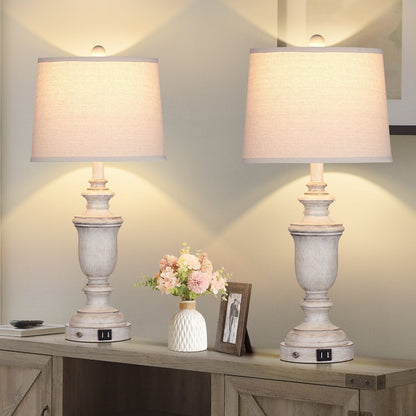 Lampes de table en résine blanche, ports de charge USB, interrupteur tactile à 3 voies (lot de 2) - 12,5'' x 12,5'' x 25,6'' (L x l x H)