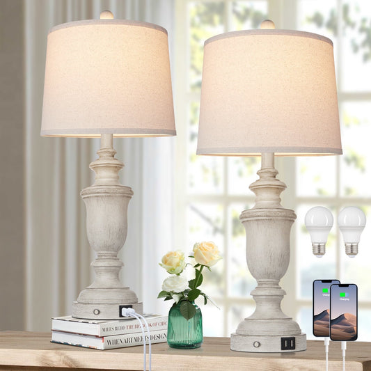 Lampes de table en résine blanche, ports de charge USB, interrupteur tactile à 3 voies (lot de 2) - 12,5'' x 12,5'' x 25,6'' (L x l x H)