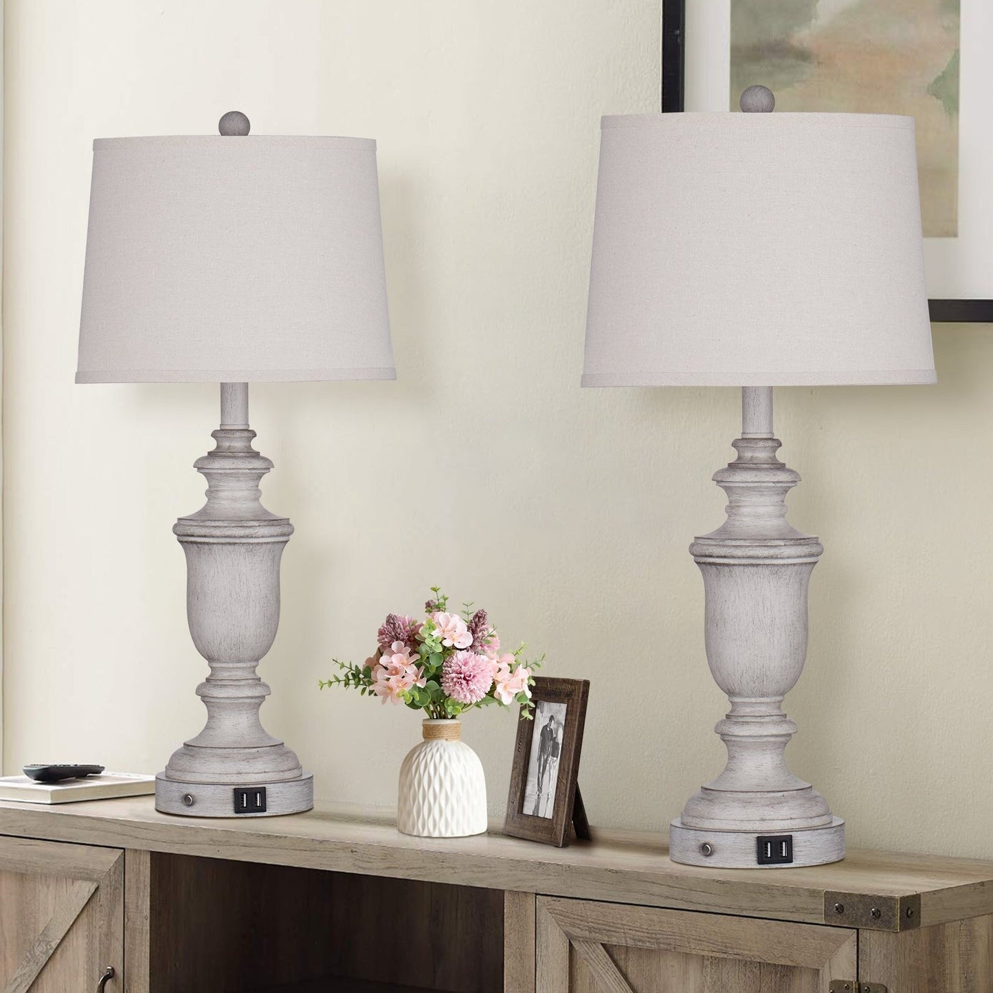 Lampes de table en résine blanche, ports de charge USB, interrupteur tactile à 3 voies (lot de 2) - 12,5'' x 12,5'' x 25,6'' (L x l x H)