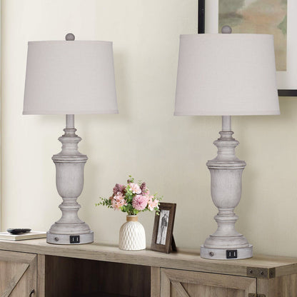 Lampes de table en résine blanche, ports de charge USB, interrupteur tactile à 3 voies (lot de 2) - 12,5'' x 12,5'' x 25,6'' (L x l x H)