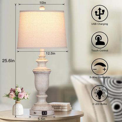 Lampes de table en résine blanche, ports de charge USB, interrupteur tactile à 3 voies (lot de 2) - 12,5'' x 12,5'' x 25,6'' (L x l x H)