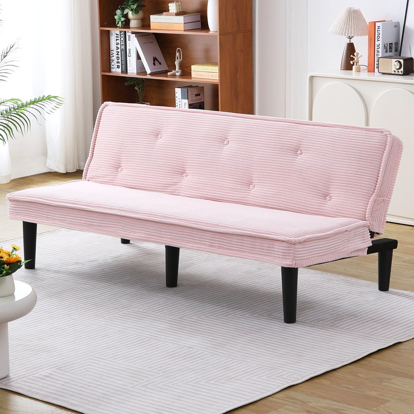 This 66-inch corduroy sofa bed can switch between the two comfortable forms