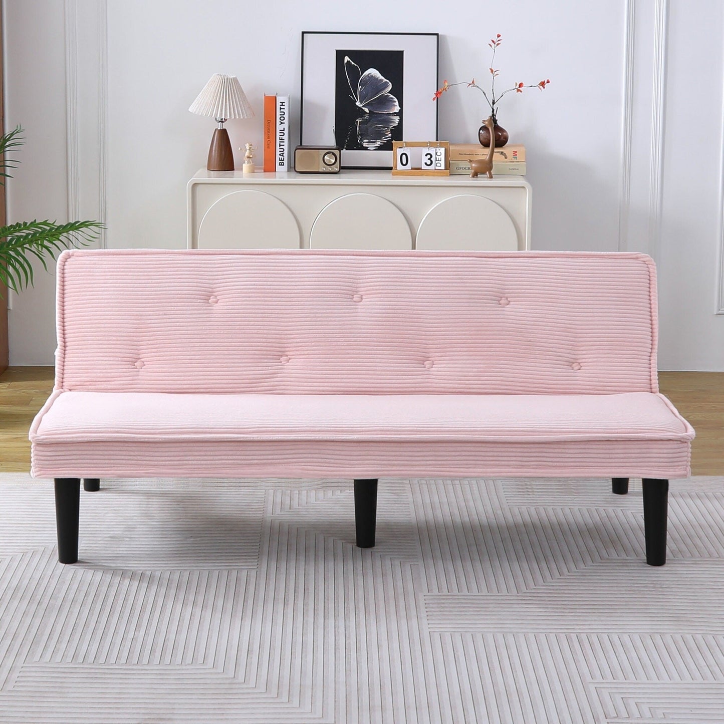This 66-inch corduroy sofa bed can switch between the two comfortable forms