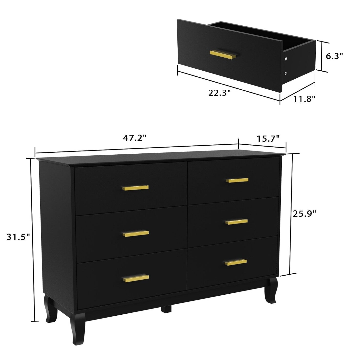Commode double Timechee à 6 tiroirs, 47,2 po de largeur, pieds en bois massif, coffre laqué
