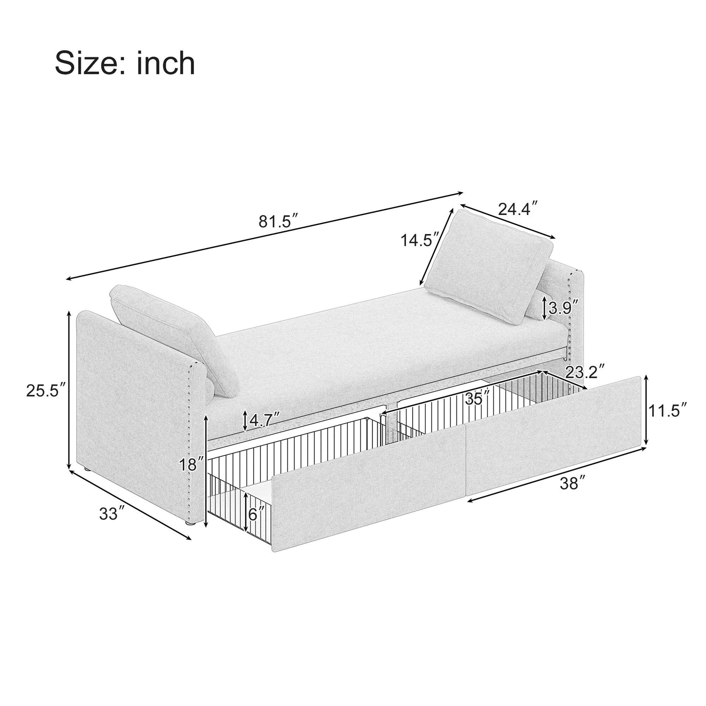 Upholstered Chaise Lounger Daybed with 2 Drawers by Harper&Bright Designs