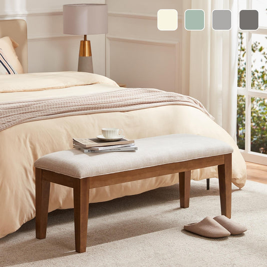 Banc d'entrée rembourré en tissu, banc de chambre pour bout de lit beige, bois massif 44 pouces