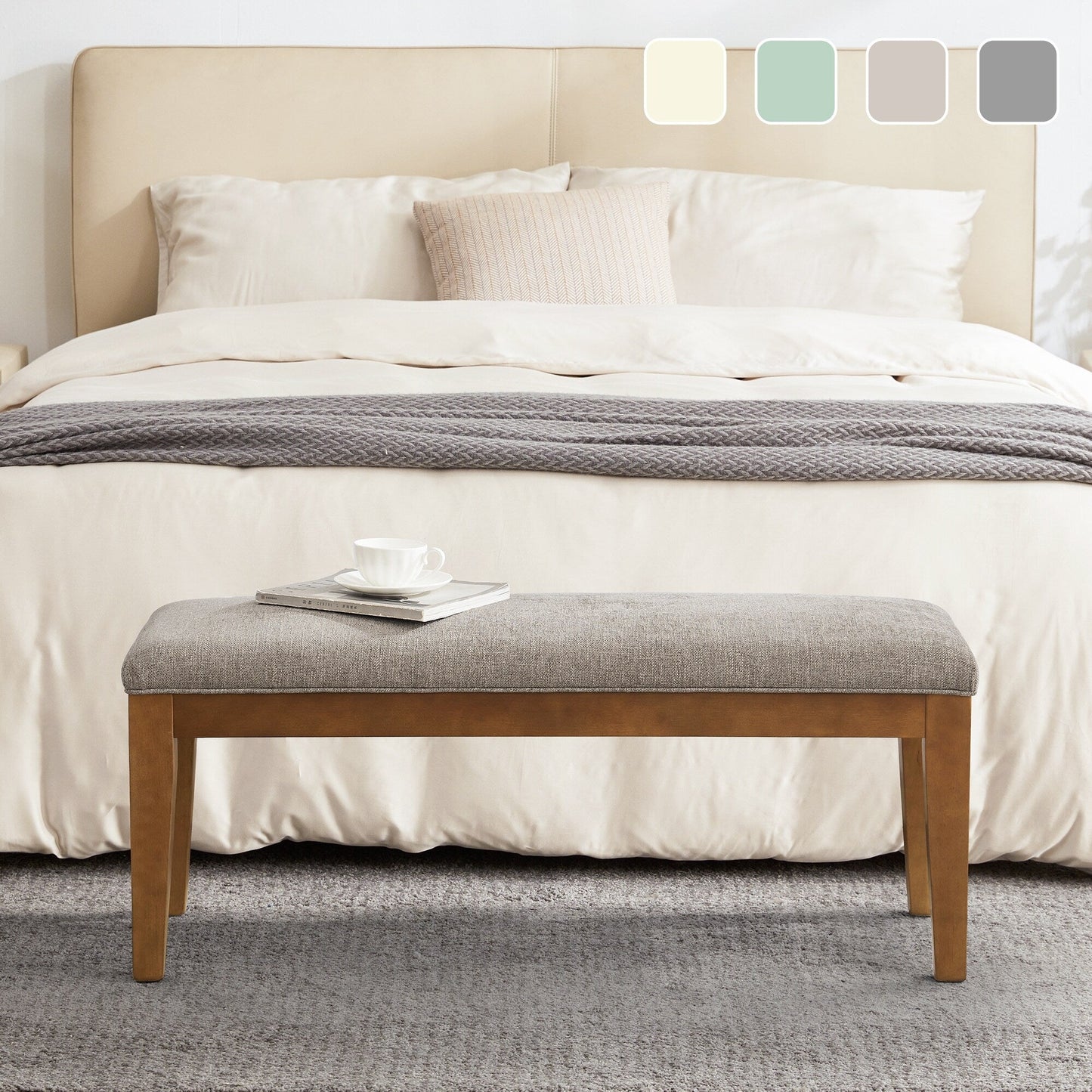 Banc d'entrée rembourré en tissu, banc de chambre pour bout de lit beige, bois massif 44 pouces