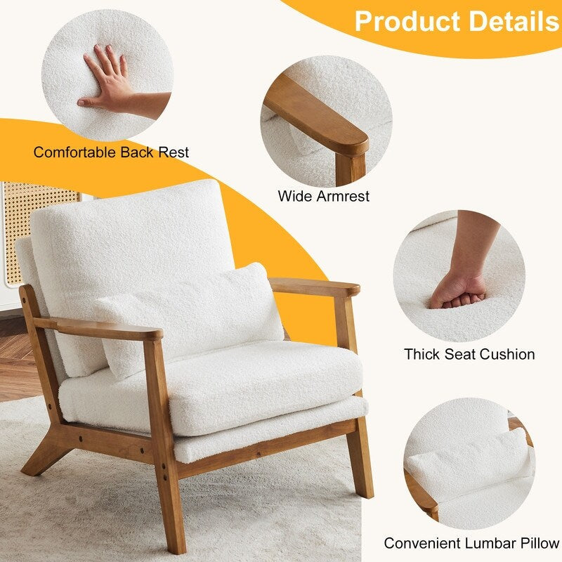 Fauteuil d'appoint rembourré en lin mélangé avec pieds en bois et un coussin beige