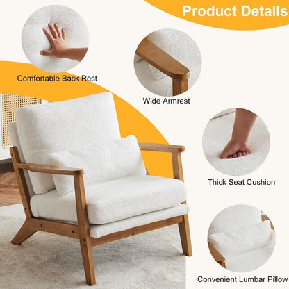 Fauteuil d'appoint rembourré en lin mélangé avec pieds en bois et un coussin beige