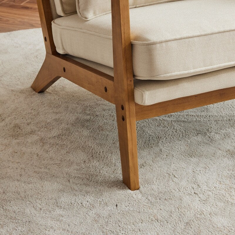 Fauteuil d'appoint rembourré en lin mélangé avec pieds en bois et un coussin beige