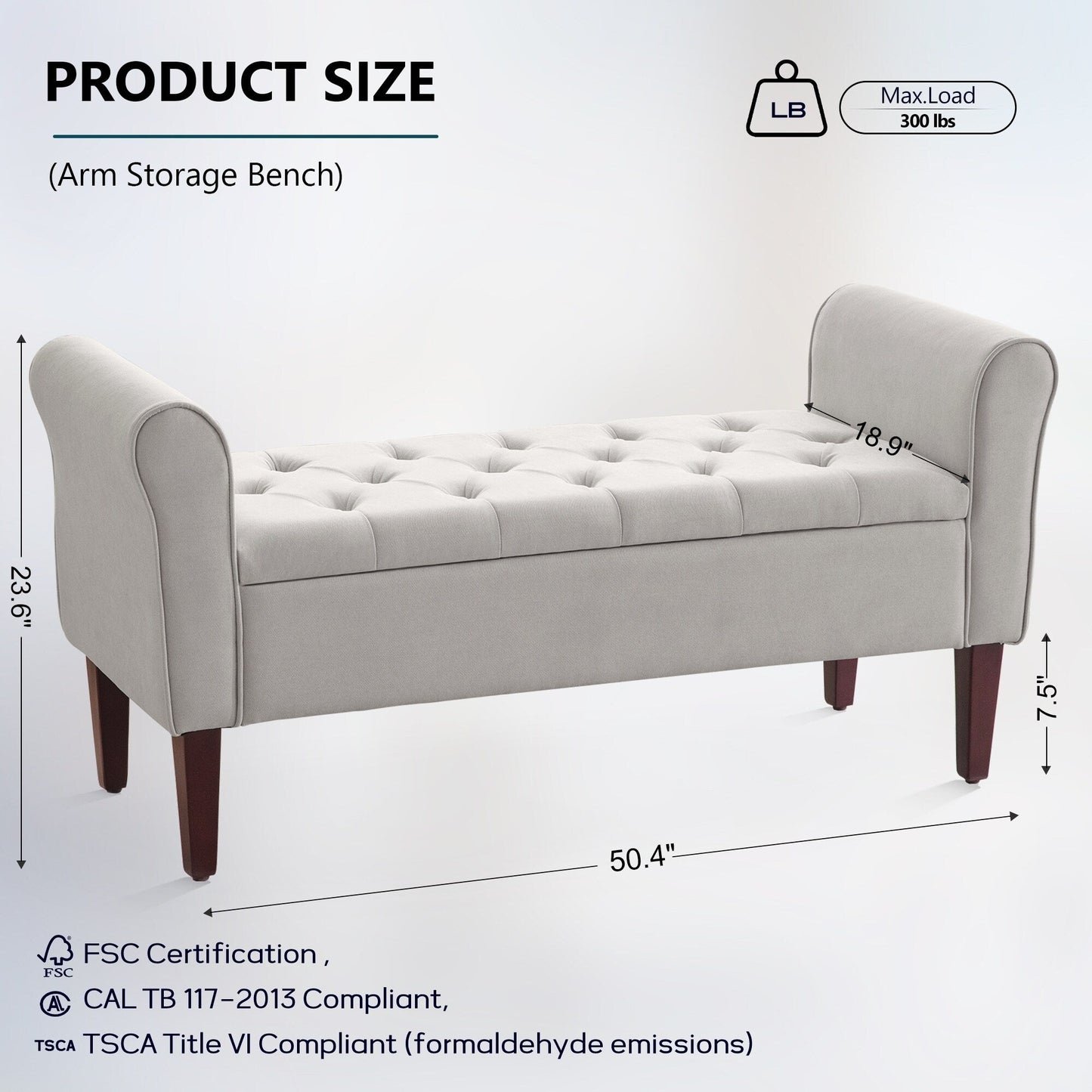 Banc de rangement rembourré, banc d'entrée avec dessus rabattable touffeté, 50,4 pouces