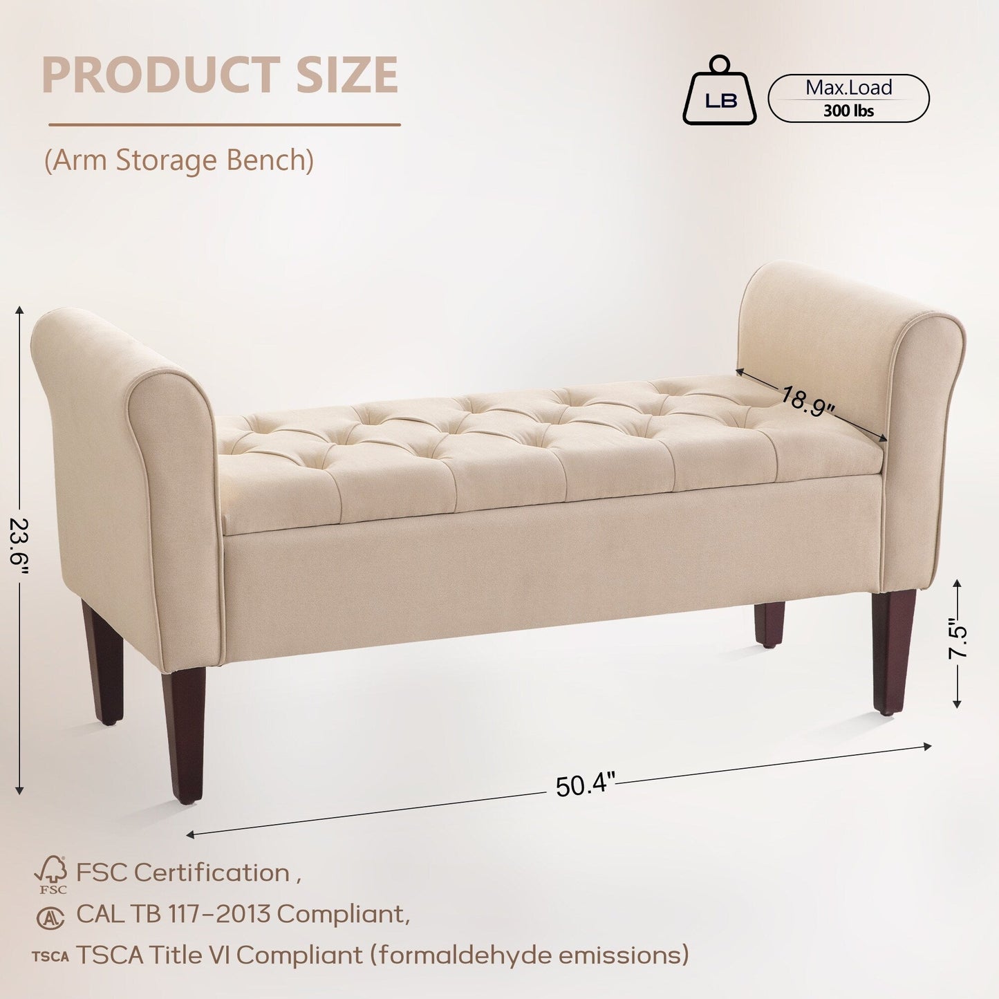Banc de rangement rembourré, banc d'entrée avec dessus rabattable touffeté, 50,4 pouces