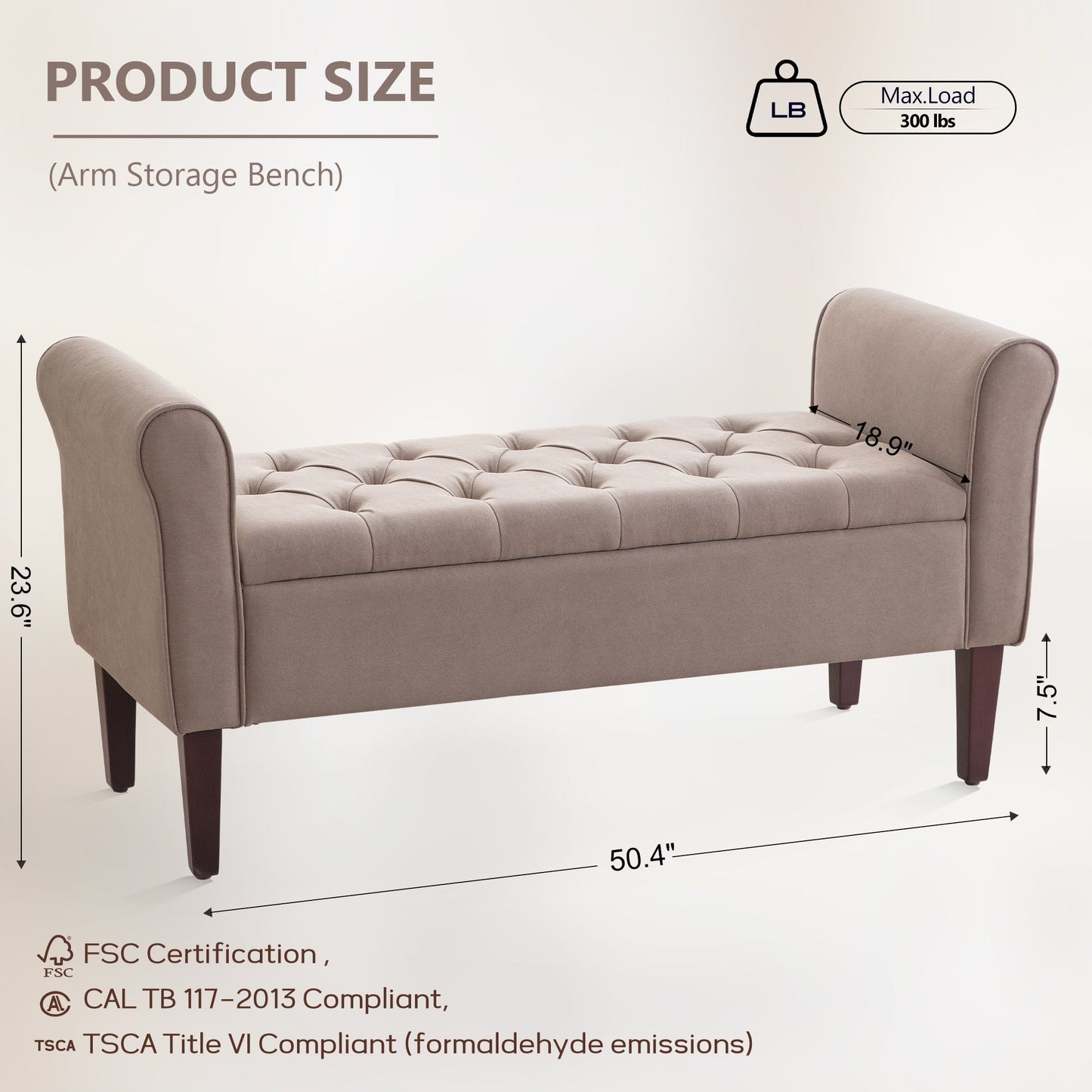 Banc de rangement rembourré, banc d'entrée avec dessus rabattable touffeté, 50,4 pouces