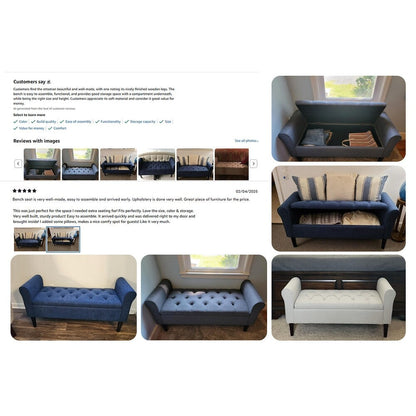 Banc de rangement rembourré, banc d'entrée avec dessus rabattable touffeté, 50,4 pouces