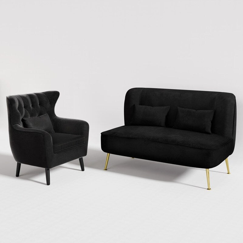 Upholstered Tuft Velvet Metal Thick Cushion Two Accent Chairs Loveseat