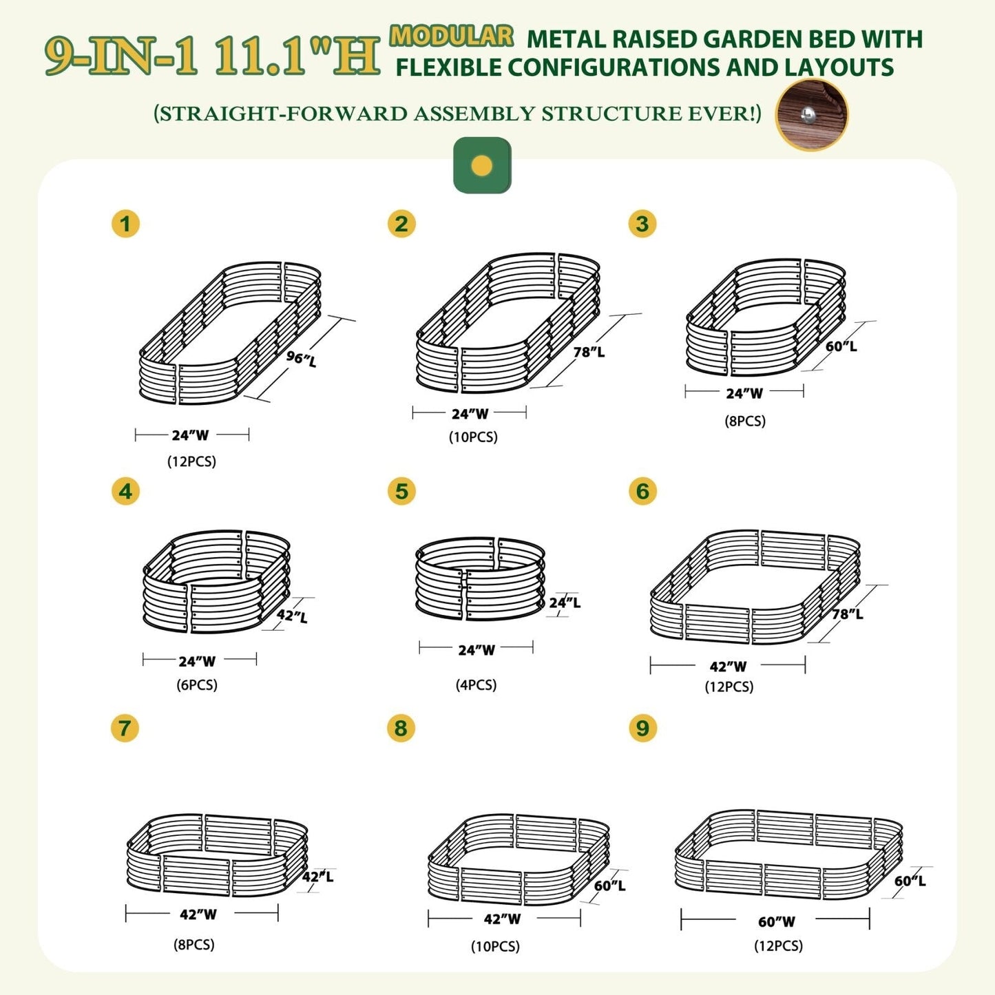 Jardinière surélevée en métal galvanisé VEIKOUS 8 pi x 2 pi x 1 pi, jardinière 9 en 1 pour le jardinage extérieur