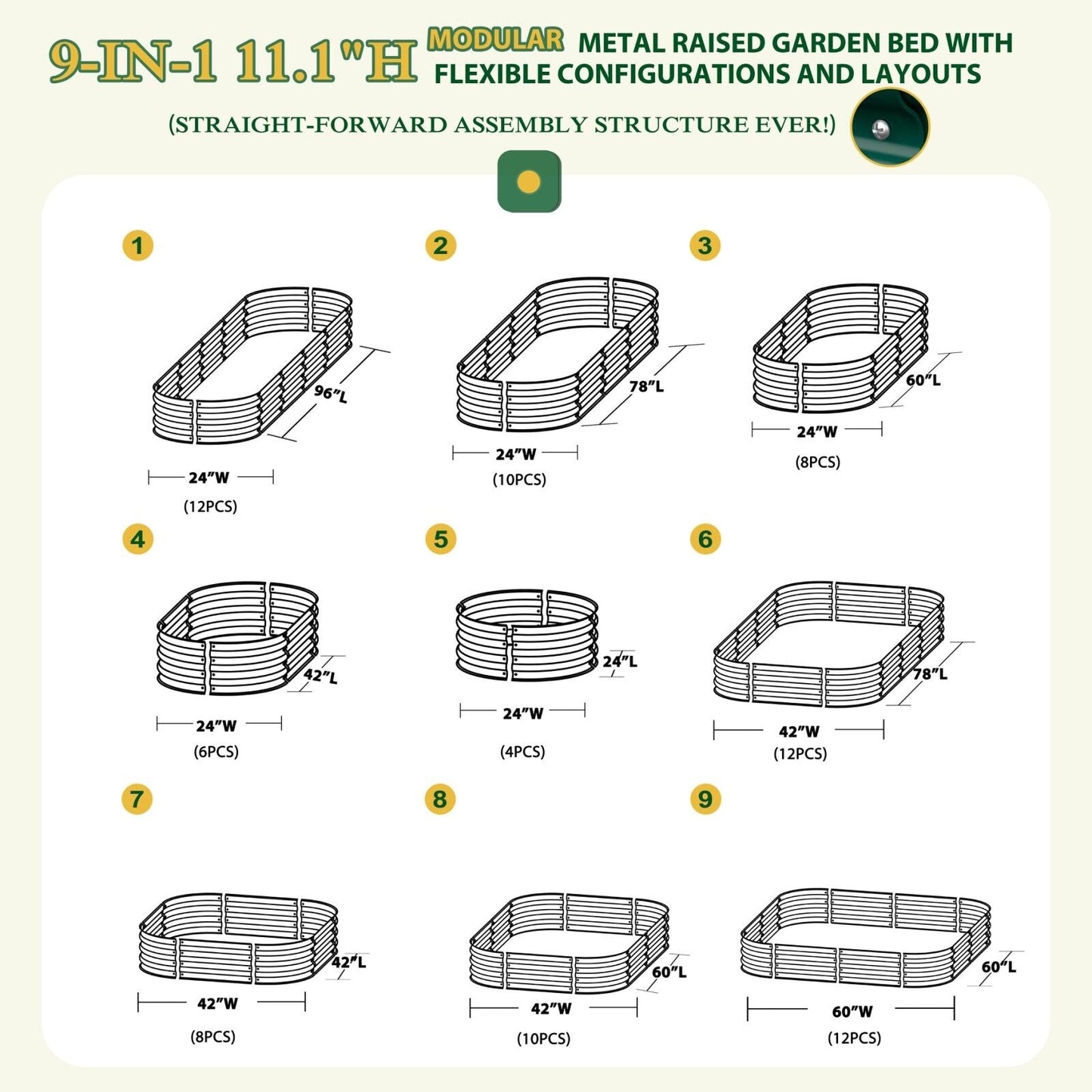 Jardinière surélevée en métal galvanisé VEIKOUS 8 pi x 2 pi x 1 pi, jardinière 9 en 1 pour le jardinage extérieur