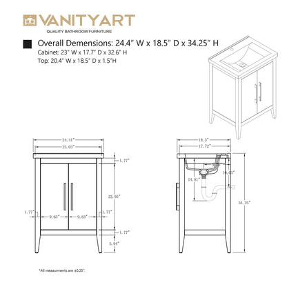 Meuble-lavabo simple Vanity Art 20, 24 ou 30 avec dessus en céramique