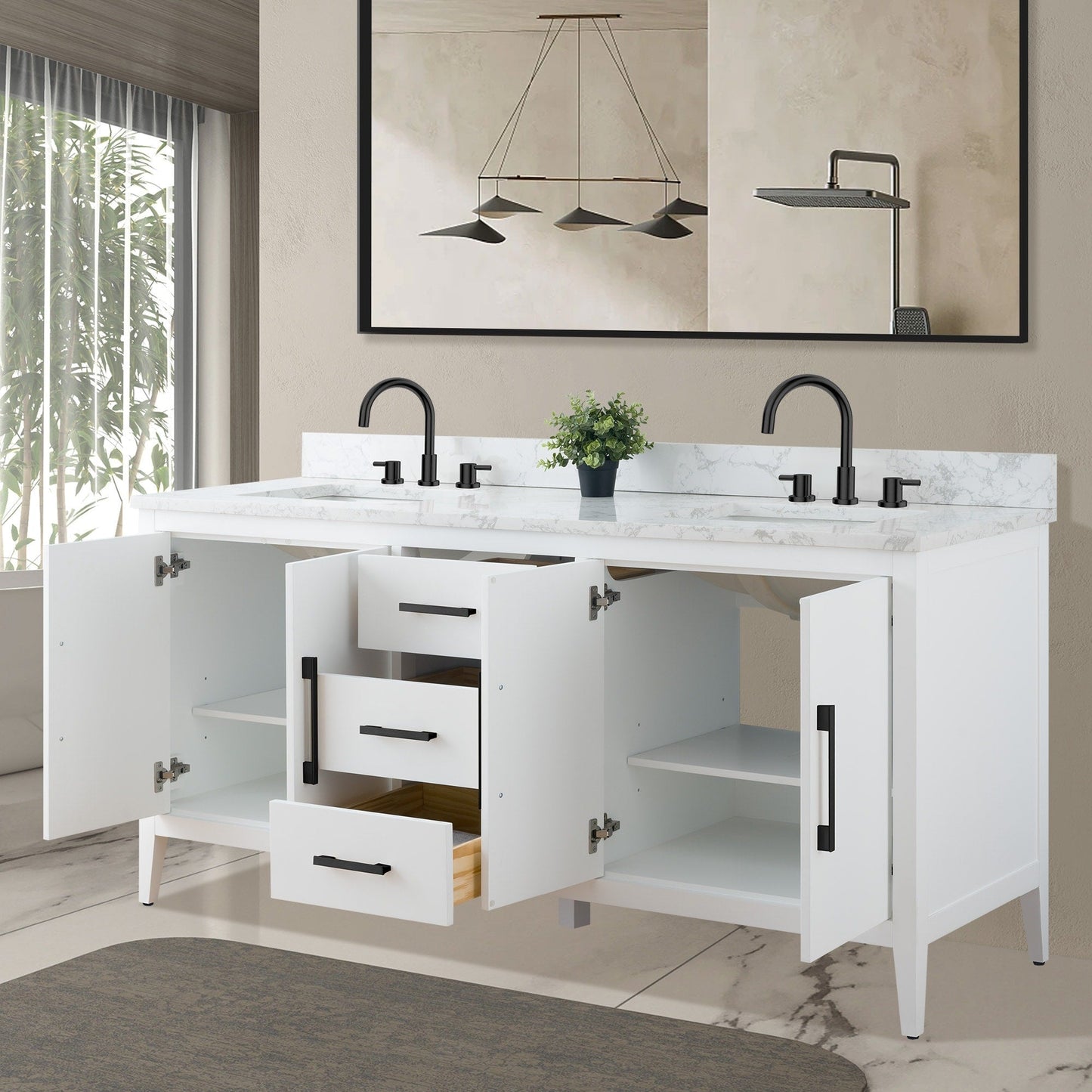 Meuble-lavabo double vasque Vanity Art 72 avec plateau en marbre reconstitué